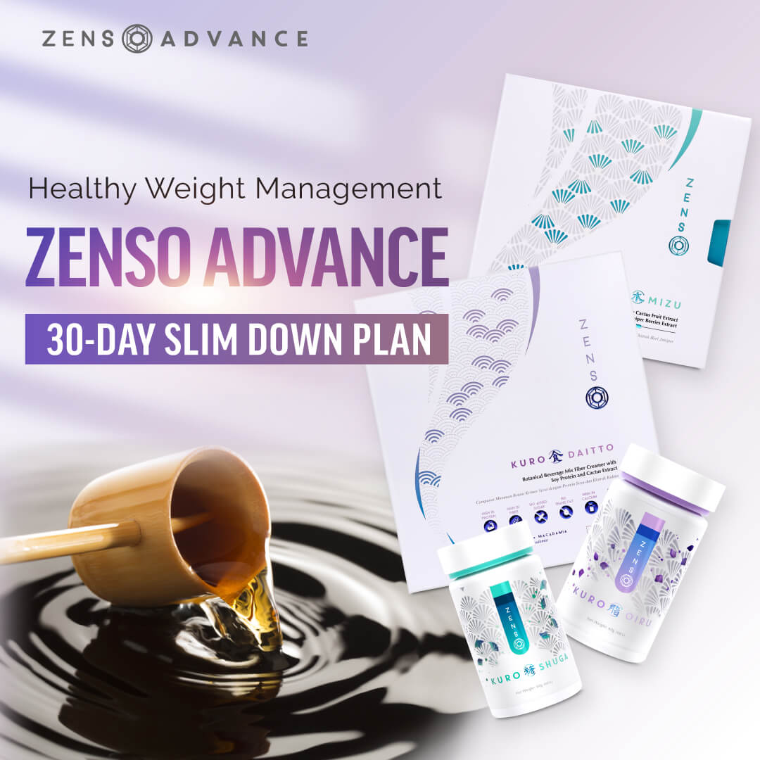 Zenso Advance 30-Day Slim Down Plan by Wellous, featuring Kuro Shuga, Kuro Oiru, Kuro Mizu, and Kuro Daitto enriched with Japanese Kurozu black vinegar for weight management