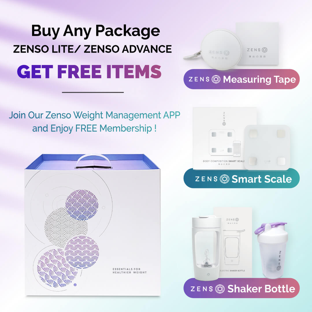 Zenso weight management package promotion showing free items included with purchase of Zenso Lite or Zenso Advance: a measuring tape, smart scale, and shaker bottle. The campaign also offers free membership to the Zenso weight management app. Visual includes Zenso branded packaging and accessories