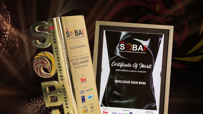 SOBA Awards 2021 trophy and certificate awarded to Wellous for Best Use of Technology by The Star Outstanding Business Awards