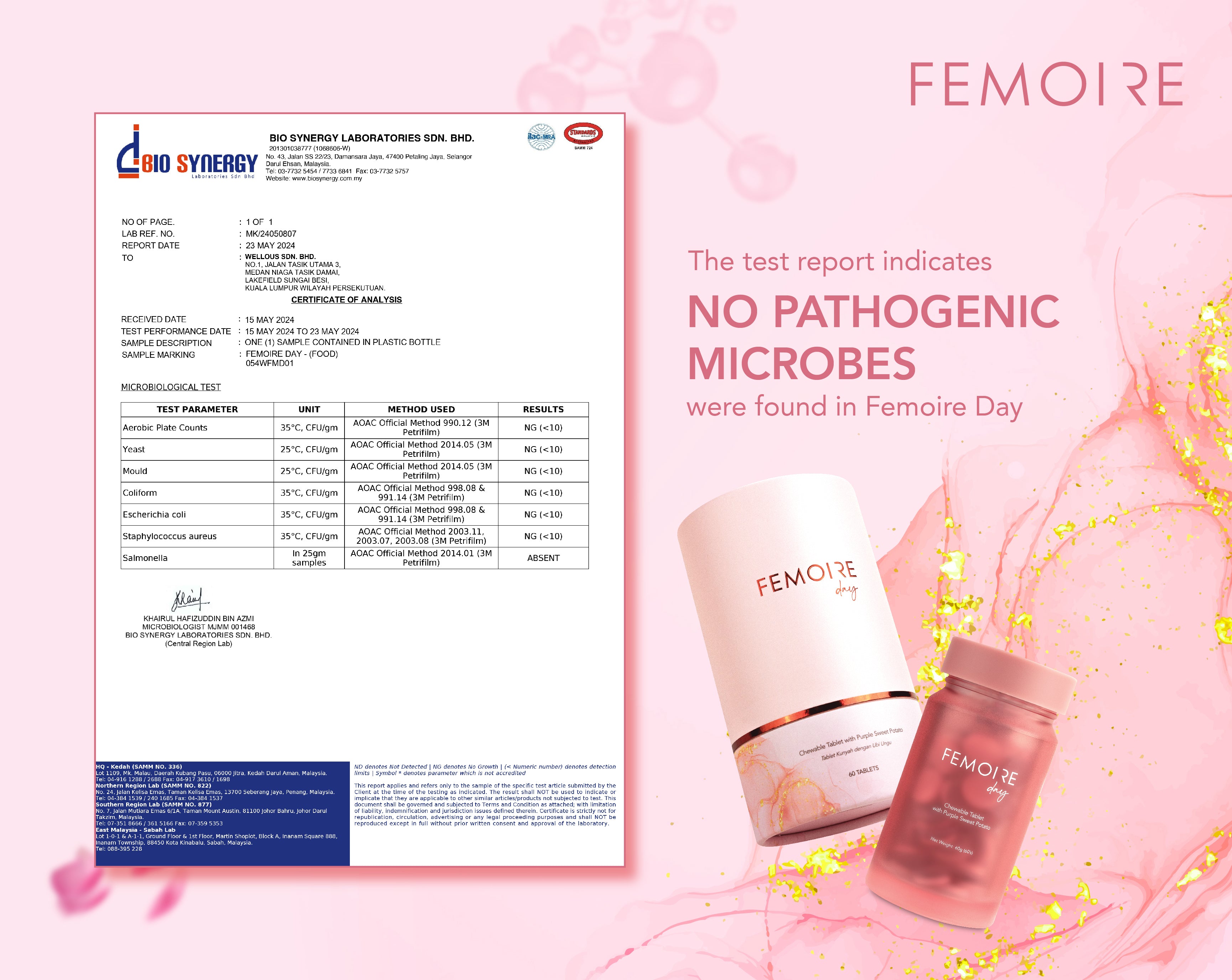 Femoire Day & Night test report indicates no pathogenic microbes | Wellous x WellLife