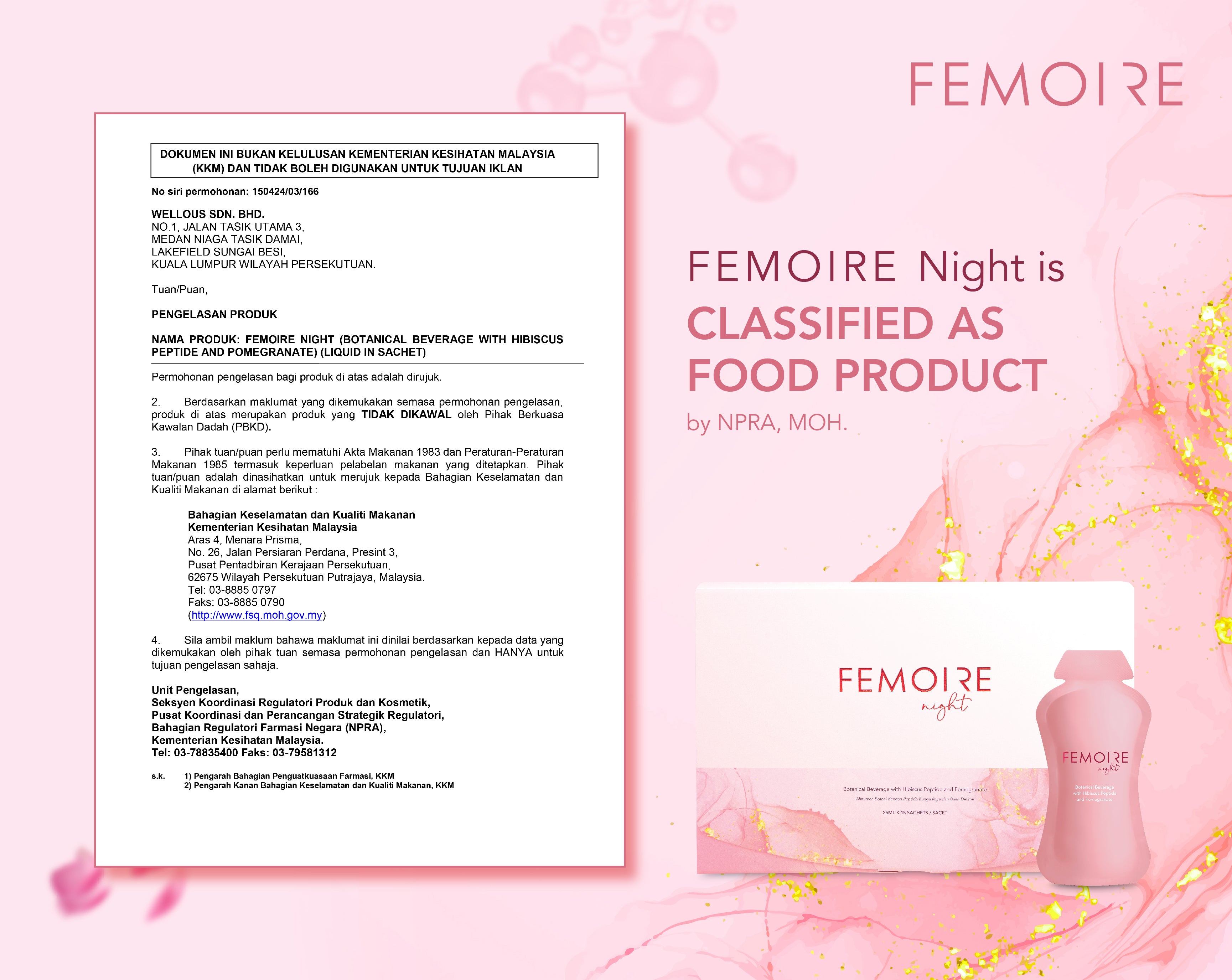 Femoire Day & Night is classified as food product by NPRA, MOH | Wellous x WellLife