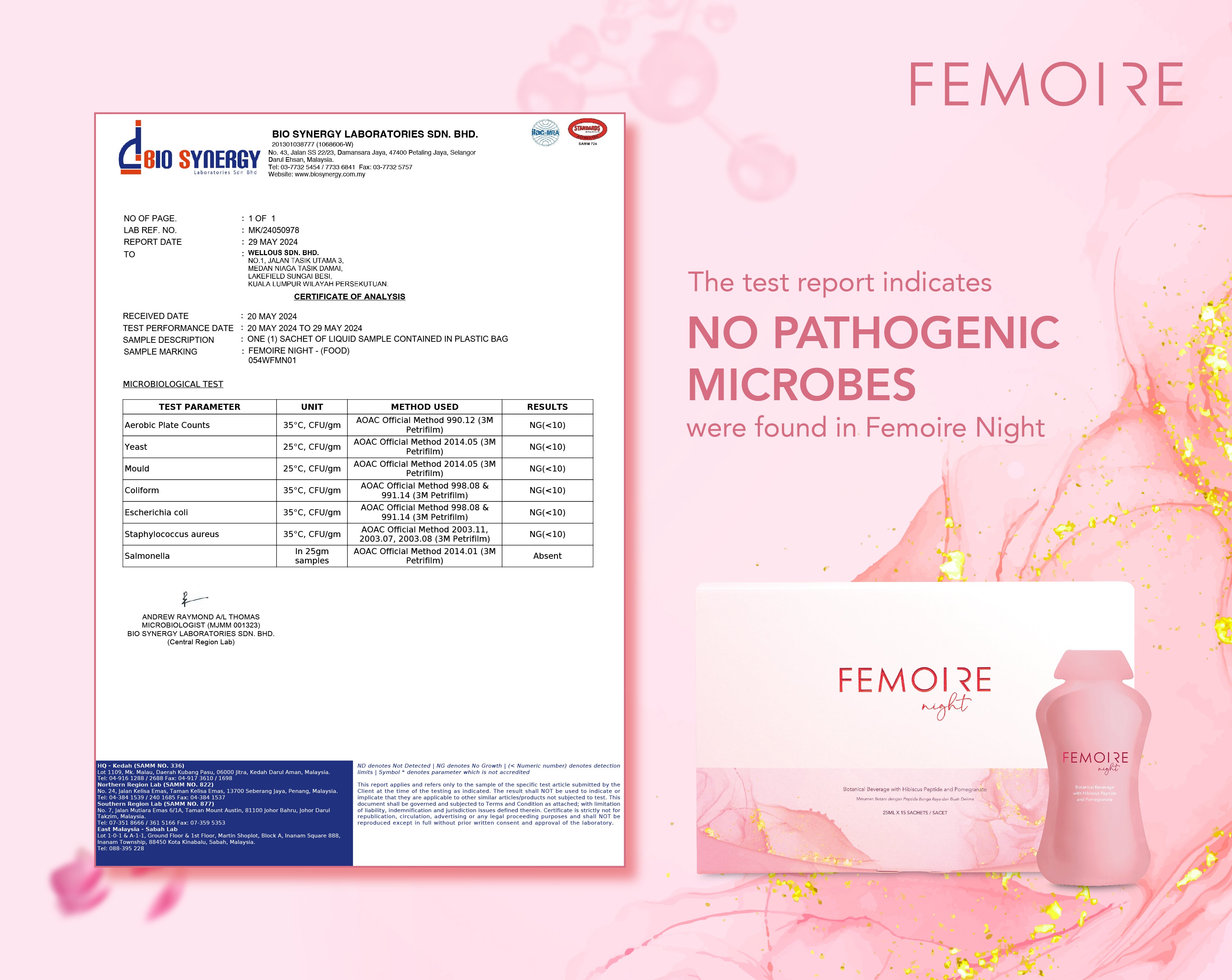 Femoire Day & Night test report indicates no pathogenic microbes | Wellous x WellLife