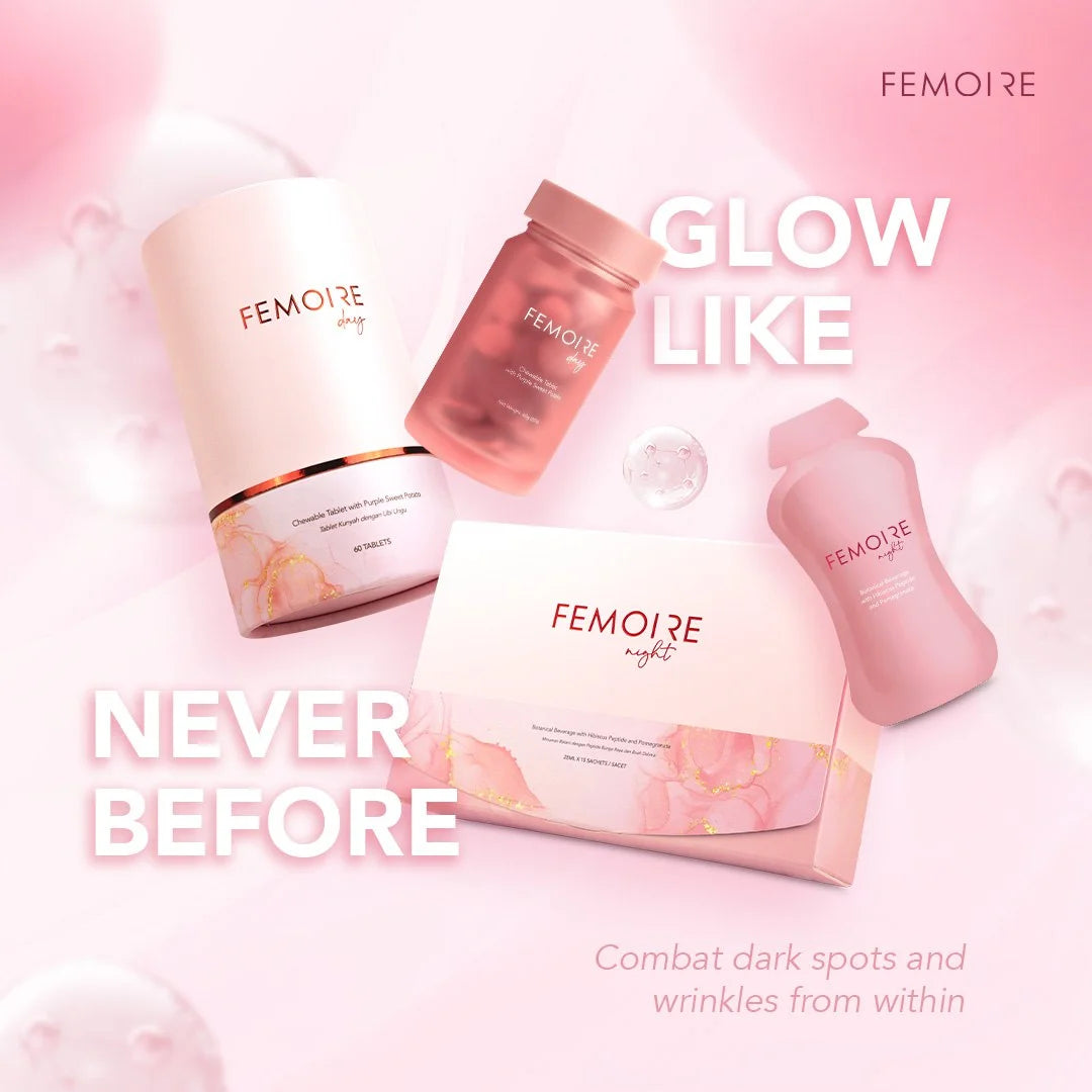 Femoire skincare supplement set including Femoire Day tablets and Femoire Night drink, designed to brighten skin, reduce dark spots, and smooth wrinkles for a youthful glow.