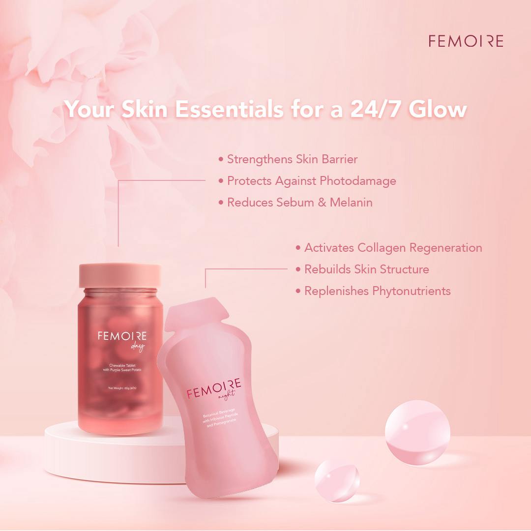 Femoire skincare supplements displayed with pastel pink background. The products include a bottle of Femoire Day chewable tablets and a sachet of Femoire Night drink. Text highlights benefits: strengthens skin barrier, protects against photodamage, reduces sebum and melanin, activates collagen regeneration, rebuilds skin structure, and replenishes phytonutrients