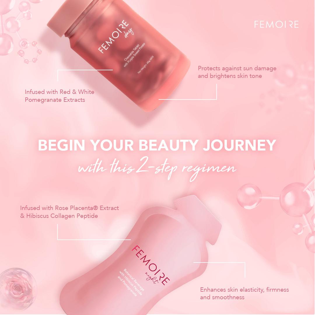 Femoire 2-step beauty regimen product set. Includes Femoire Day chewable tablets infused with red and white pomegranate extracts that protect against sun damage and brighten skin tone, and Femoire Night drink infused with Rose Placenta® extract and Hibiscus Collagen Peptide to enhance skin elasticity, firmness, and smoothness. Pink background with floating molecular and floral visuals