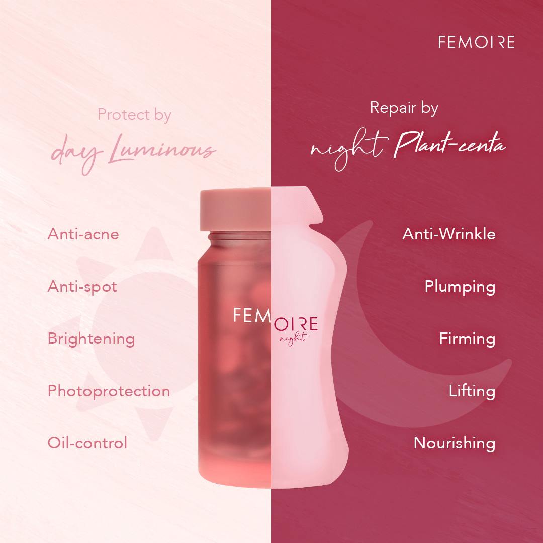 Femoire day and night skincare supplement infographic. Left side (day luminous) highlights anti-acne, anti-spot, brightening, photoprotection, and oil-control benefits. Right side (night plant-centa) emphasizes anti-wrinkle, plumping, firming, lifting, and nourishing effects. Central image shows Femoire supplement bottles, one for day and one for night use.