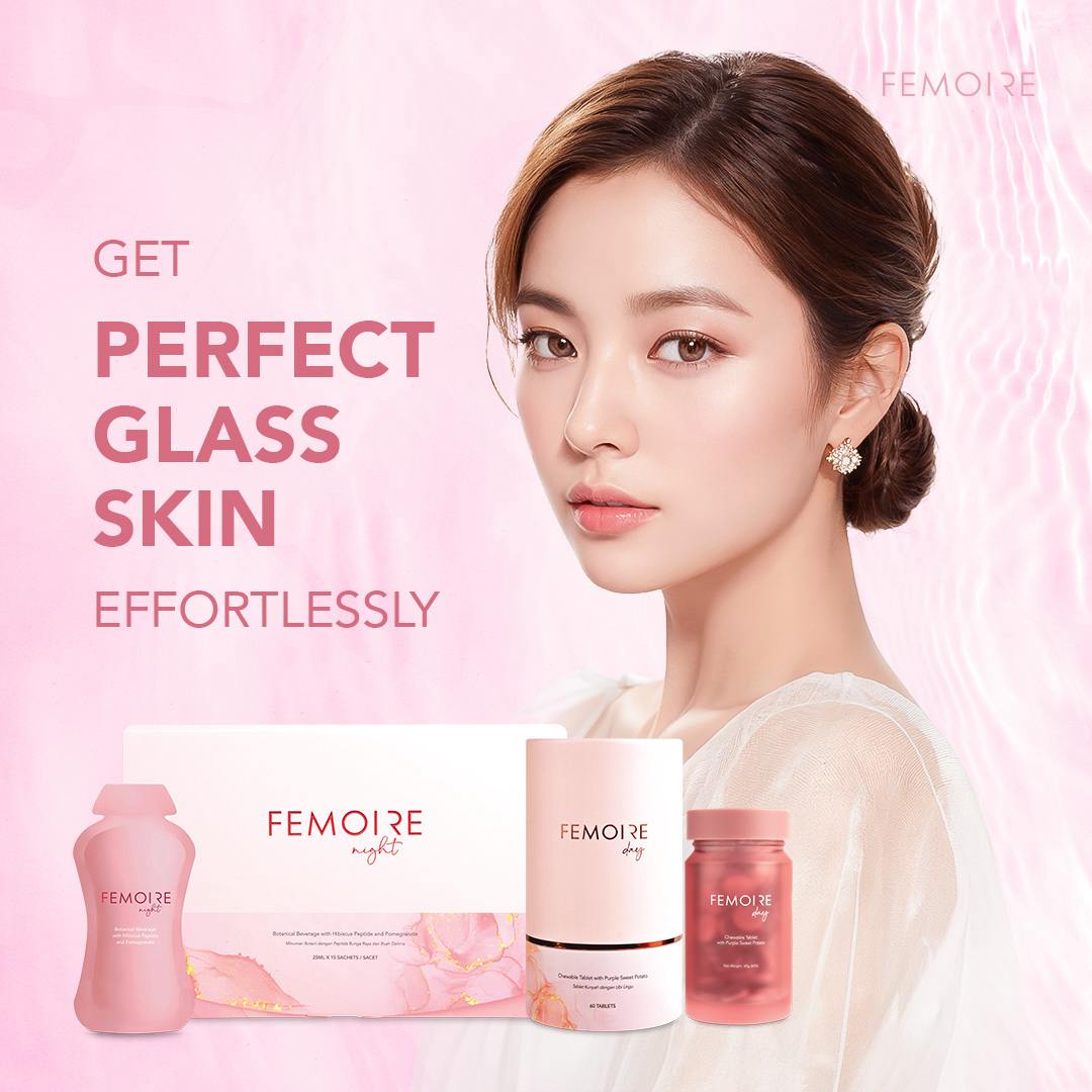 A promotional image for Femoire skincare supplements featuring a woman with flawless, glowing skin against a soft pink background. The text reads "Get Perfect Glass Skin Effortlessly." The product lineup displayed at the bottom includes Femoire Day tablets, Femoire Night drink sachets, and their packaging, emphasizing beauty and skin-brightening benefits.