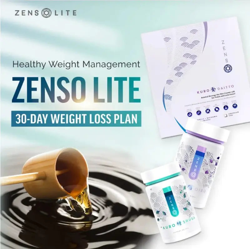 Zenso Lite 30-Day Weight Loss Plan – A healthy weight management program featuring Kuro Daitto botanical beverage mix, Kuro Shugi, and Kuro Shiru supplements, designed to support fat burning, appetite control, and sustainable slimming