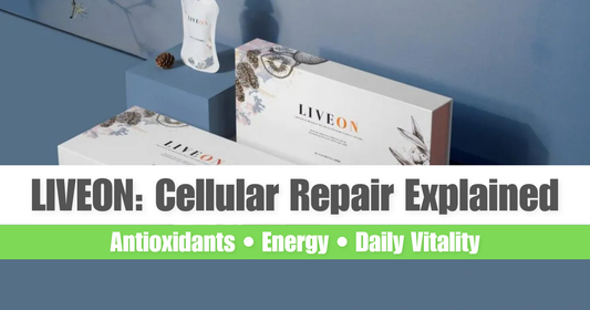 Abstract wellness illustration showing antioxidants, cellular repair and daily energy support for LIVEON