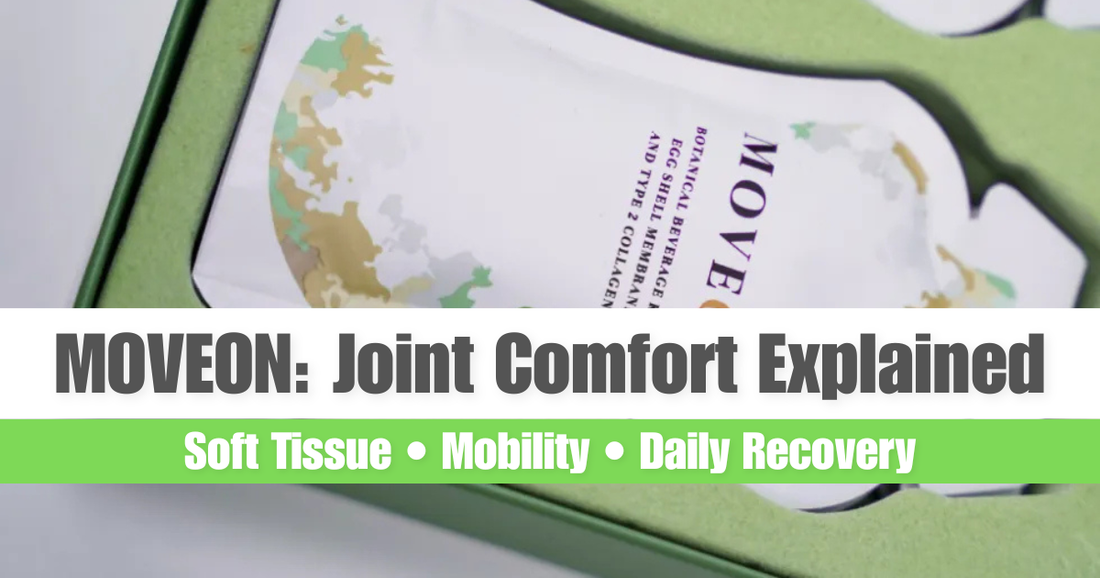 Abstract wellness illustration showing joint comfort, soft tissue repair and daily mobility support for MOVEON