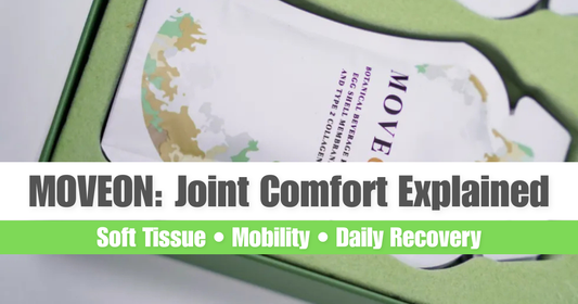 Abstract wellness illustration showing joint comfort, soft tissue repair and daily mobility support for MOVEON