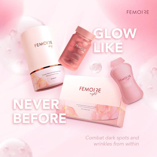 Femoire skincare supplement set including Femoire Day tablets and Femoire Night drink, designed to brighten skin, reduce dark spots, and smooth wrinkles for a youthful glow.