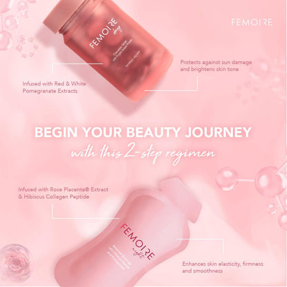 Femoire 2-step beauty regimen product set. Includes Femoire Day chewable tablets infused with red and white pomegranate extracts that protect against sun damage and brighten skin tone, and Femoire Night drink infused with Rose Placenta® extract and Hibiscus Collagen Peptide to enhance skin elasticity, firmness, and smoothness. Pink background with floating molecular and floral visuals