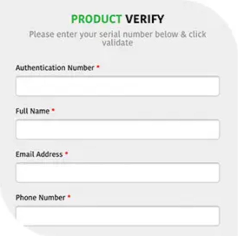 Wellous product verification form requiring authentication number, name, email, and phone number