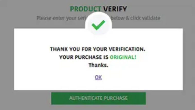 Wellous product verification success message confirming original authentic purchase